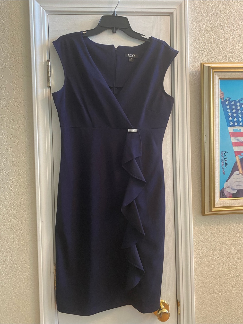 SLNY Navy Sleeveless Ruffled Dark Blue Sheath Dress with Rhinestons Bar Accent 8
